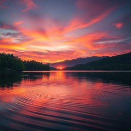 A picturesque view of a tranquil sunset over a serene lake surrounded by lush green trees and mountains in the distance