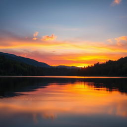 A picturesque view of a tranquil sunset over a serene lake surrounded by lush green trees and mountains in the distance
