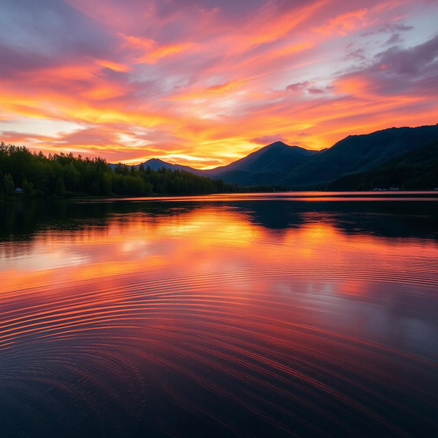 A picturesque view of a tranquil sunset over a serene lake surrounded by lush green trees and mountains in the distance