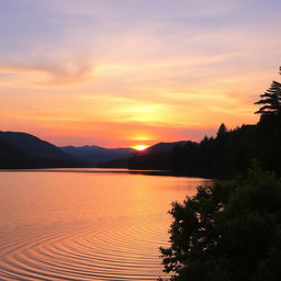 A picturesque view of a tranquil sunset over a serene lake surrounded by lush green trees and mountains in the distance