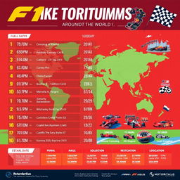 An exciting infographic showcasing a list of F1-like tournaments around the world, featuring visual representations of iconic tracks and events, vibrant colors, and detailed statistics including race dates, locations, and participating teams