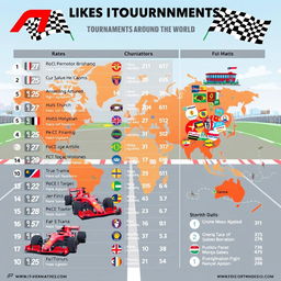 An exciting infographic showcasing a list of F1-like tournaments around the world, featuring visual representations of iconic tracks and events, vibrant colors, and detailed statistics including race dates, locations, and participating teams