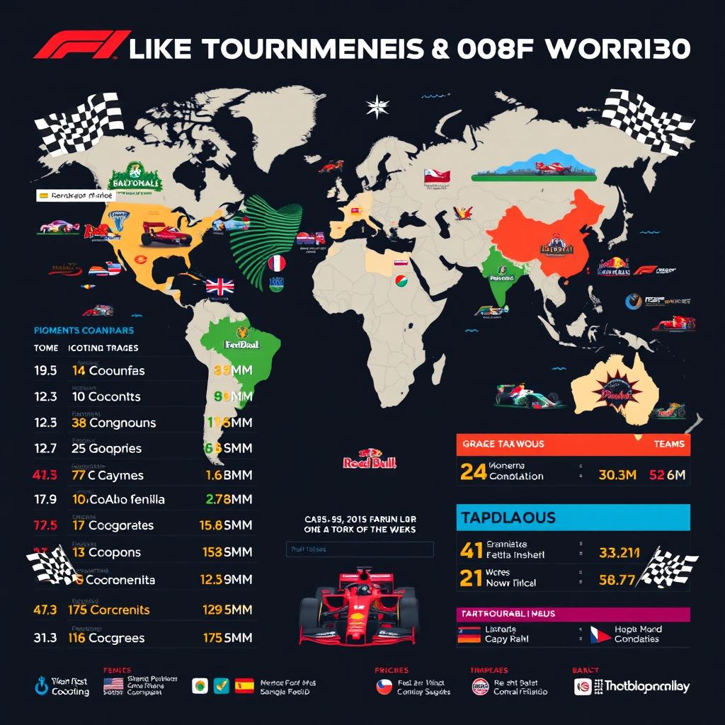 An exciting infographic showcasing a list of F1-like tournaments around the world, featuring visual representations of iconic tracks and events, vibrant colors, and detailed statistics including race dates, locations, and participating teams