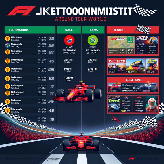 An exciting infographic showcasing a list of F1-like tournaments around the world, featuring visual representations of iconic tracks and events, vibrant colors, and detailed statistics including race dates, locations, and participating teams