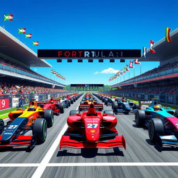 A vibrant and dynamic illustration of a Formula 1 grid at a race starting line, featuring sleek, futuristic race cars in various colors lined up on a modern racetrack