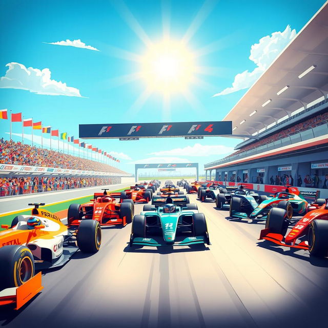 A vibrant and dynamic illustration of a Formula 1 grid at a race starting line, featuring sleek, futuristic race cars in various colors lined up on a modern racetrack