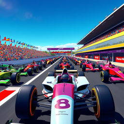 A vibrant and dynamic illustration of a Formula 1 grid at a race starting line, featuring sleek, futuristic race cars in various colors lined up on a modern racetrack