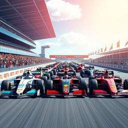 A vibrant and dynamic illustration of a Formula 1 grid at a race starting line, featuring sleek, futuristic race cars in various colors lined up on a modern racetrack