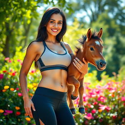 A strikingly attractive tall Indian woman with long dark hair, wearing a fitted athletic outfit, confidently lifting a small male horse in a bright, sunny outdoor setting