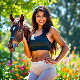 A strikingly attractive tall Indian woman with long dark hair, wearing a fitted athletic outfit, confidently lifting a small male horse in a bright, sunny outdoor setting