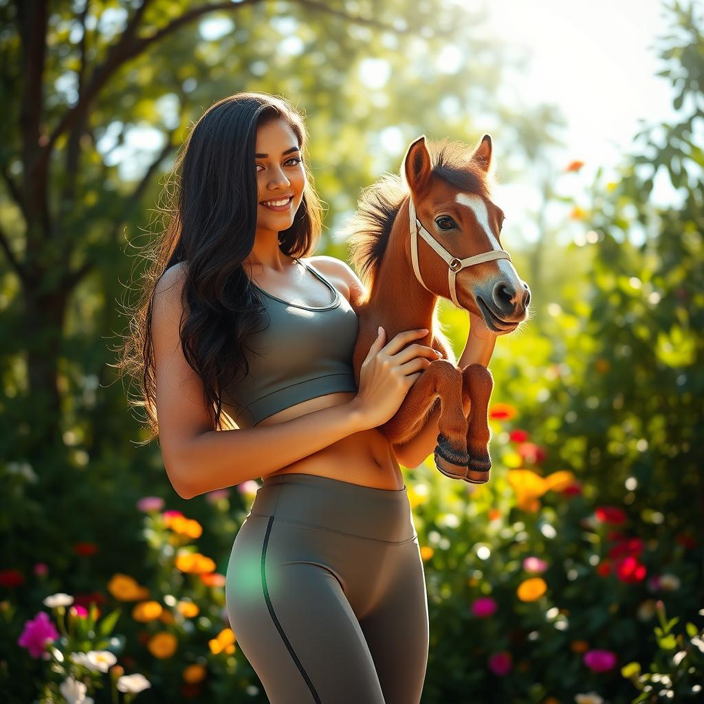 A strikingly attractive tall Indian woman with long dark hair, wearing a fitted athletic outfit, confidently lifting a small male horse in a bright, sunny outdoor setting