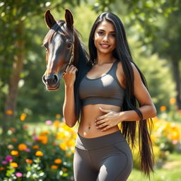 A strikingly attractive tall Indian woman with long dark hair, wearing a fitted athletic outfit, confidently lifting a small male horse in a bright, sunny outdoor setting