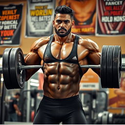 A strikingly tall, muscular Indian male figure powerlifting in a gym, showcasing incredible strength and determination