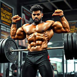 A strikingly tall, muscular Indian male figure powerlifting in a gym, showcasing incredible strength and determination