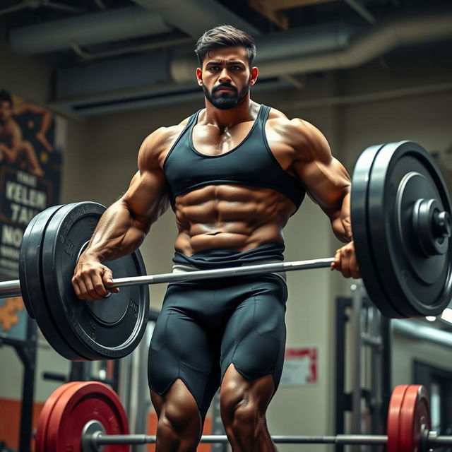 A strikingly tall, muscular Indian male figure powerlifting in a gym, showcasing incredible strength and determination