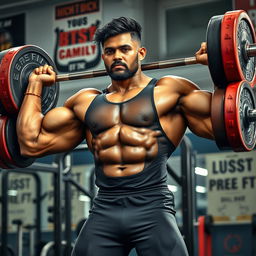 A strikingly tall, muscular Indian male figure powerlifting in a gym, showcasing incredible strength and determination