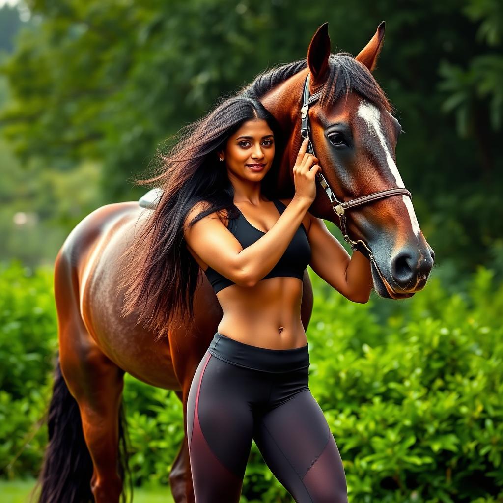 A stunningly tall Indian woman showcasing her incredible strength by lifting a large male horse effortlessly