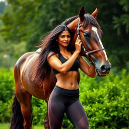 A stunningly tall Indian woman showcasing her incredible strength by lifting a large male horse effortlessly