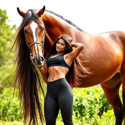 A stunningly tall Indian woman showcasing her incredible strength by lifting a large male horse effortlessly
