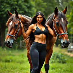 A stunningly tall Indian woman showcasing her incredible strength by lifting a large male horse effortlessly