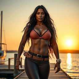 A bold scene depicting a tall, strong Indian woman with an impressive physique and confident demeanor