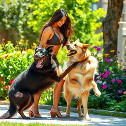 A playful and whimsical scene featuring a tall, attractive Indian woman with an impressive physique, playfully interacting with a large, friendly dog