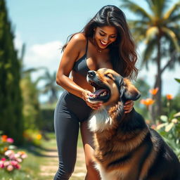 A playful and whimsical scene featuring a tall, attractive Indian woman with an impressive physique, playfully interacting with a large, friendly dog