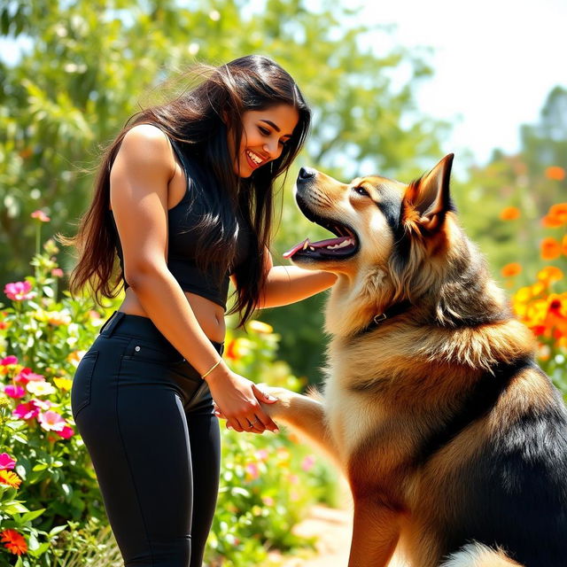 A playful and whimsical scene featuring a tall, attractive Indian woman with an impressive physique, playfully interacting with a large, friendly dog