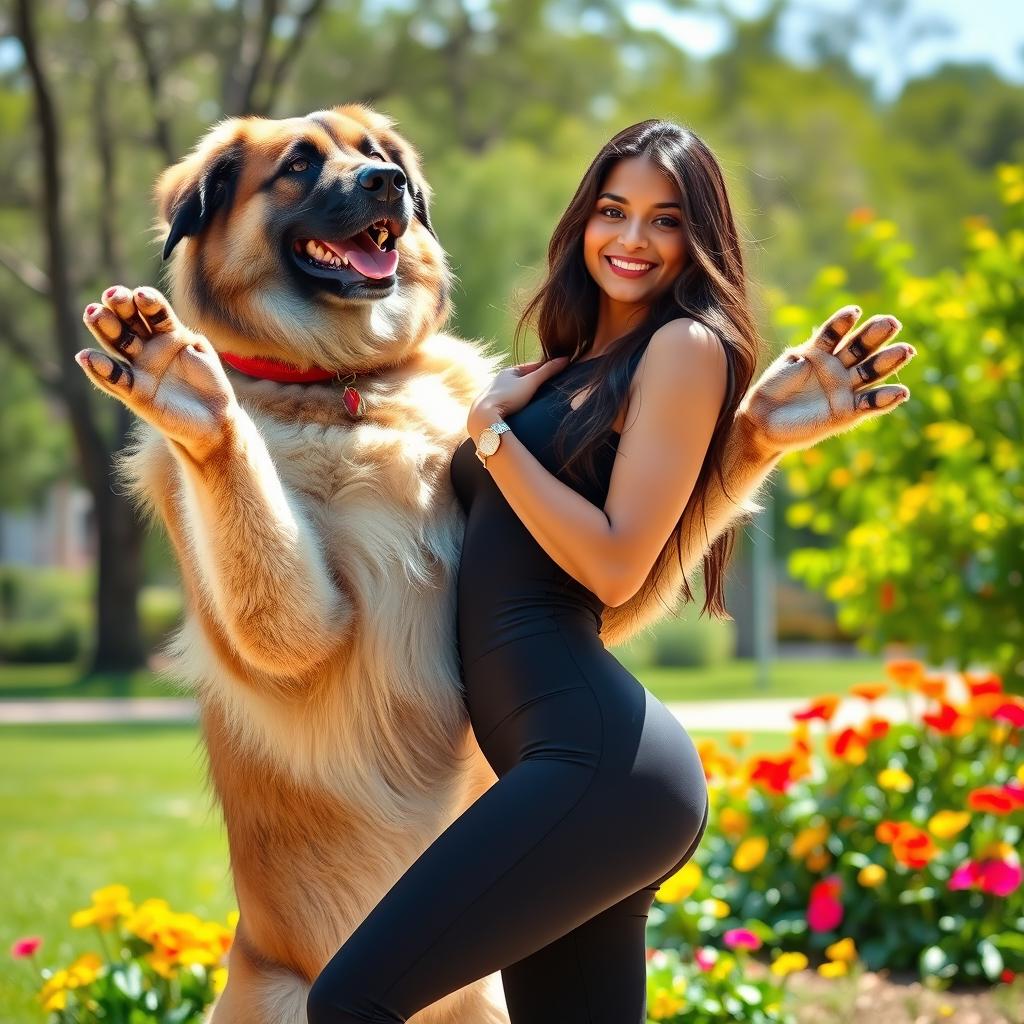 A whimsical and imaginative scene of a large, friendly dog lifting a tall, attractive Indian woman with a confident demeanor as if the dog has two human-like hands