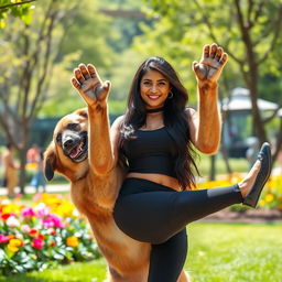 A whimsical and imaginative scene of a large, friendly dog lifting a tall, attractive Indian woman with a confident demeanor as if the dog has two human-like hands
