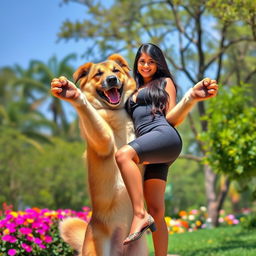 A whimsical and imaginative scene of a large, friendly dog lifting a tall, attractive Indian woman with a confident demeanor as if the dog has two human-like hands