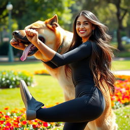 A whimsical and imaginative scene of a large, friendly dog lifting a tall, attractive Indian woman with a confident demeanor as if the dog has two human-like hands