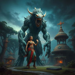 A dramatic and fantastical scene featuring an enormous, imposing monster gently interacting with a tall Indian woman, showcasing a surreal blend of strength and beauty