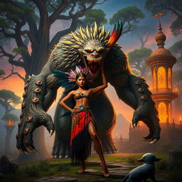 A dramatic and fantastical scene featuring an enormous, imposing monster gently interacting with a tall Indian woman, showcasing a surreal blend of strength and beauty