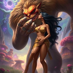 A captivating fantasy scene of a gigantic, friendly monster gently lifting and kissing a tall, attractive Indian woman who exudes confidence and beauty