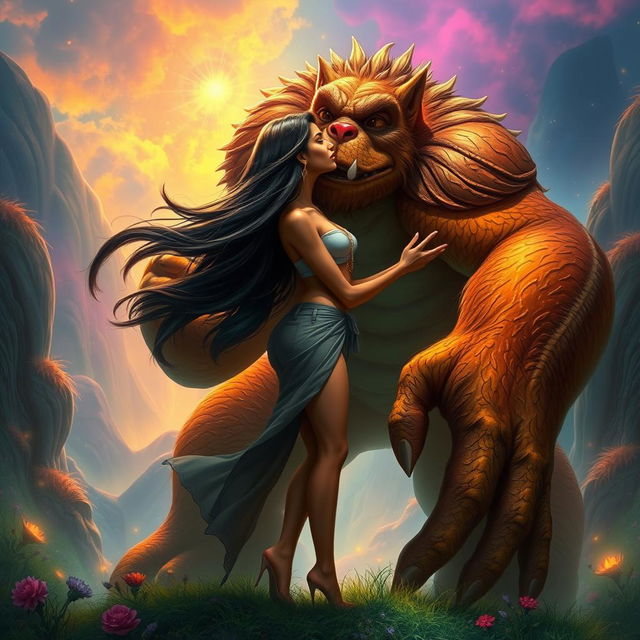 A captivating fantasy scene of a gigantic, friendly monster gently lifting and kissing a tall, attractive Indian woman who exudes confidence and beauty