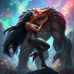 A captivating fantasy scene of a gigantic, friendly monster gently lifting and kissing a tall, attractive Indian woman who exudes confidence and beauty
