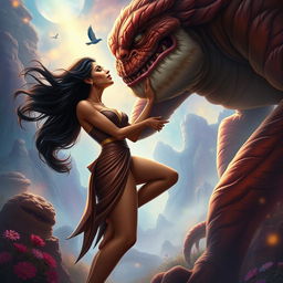 A captivating fantasy scene of a gigantic, friendly monster gently lifting and kissing a tall, attractive Indian woman who exudes confidence and beauty