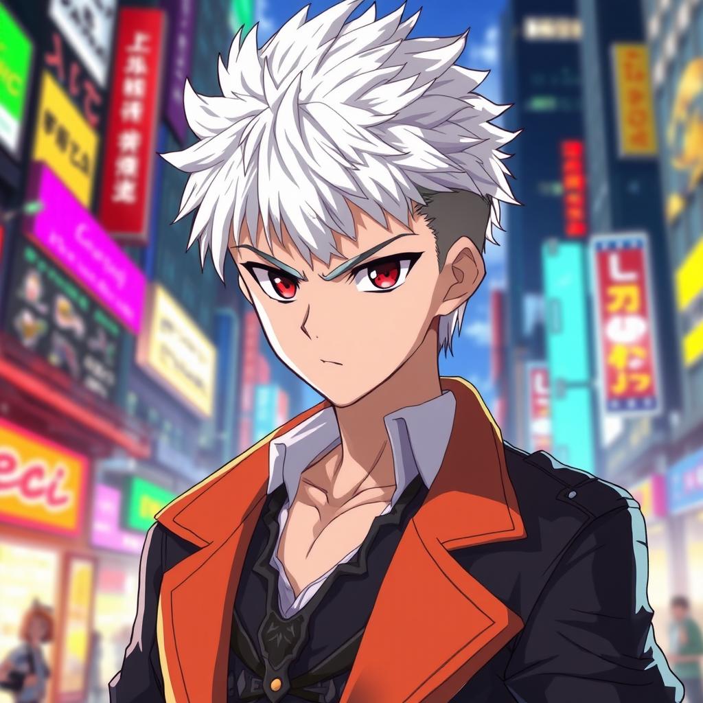 A male character with very short, textured white hair styled in a mid fade