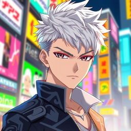 A male character with very short, textured white hair styled in a mid fade