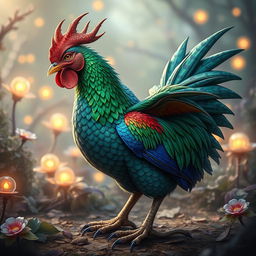 A fantastical magic hen with the anatomy and features of a dragon, showcasing vibrant feathers reminiscent of dragon scales in shades of emerald green and sapphire blue