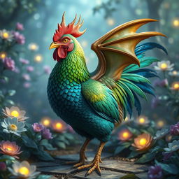 A fantastical magic hen with the anatomy and features of a dragon, showcasing vibrant feathers reminiscent of dragon scales in shades of emerald green and sapphire blue