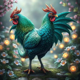 A fantastical magic hen with the anatomy and features of a dragon, showcasing vibrant feathers reminiscent of dragon scales in shades of emerald green and sapphire blue