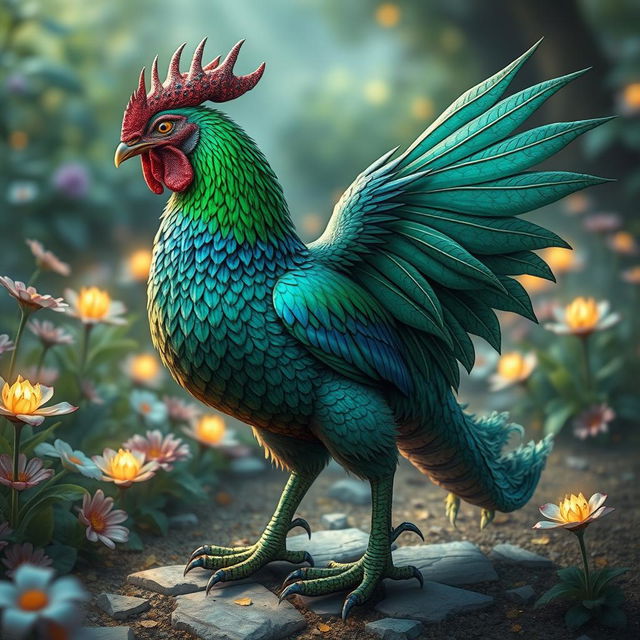 A fantastical magic hen with the anatomy and features of a dragon, showcasing vibrant feathers reminiscent of dragon scales in shades of emerald green and sapphire blue