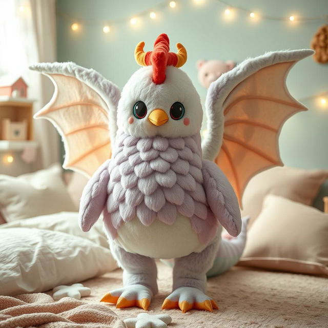 A magical plushy hen designed with the anatomy of a dragon, featuring oversized, soft dragon wings and a plush body that resembles dragon scales in pastel colors like lavender and mint green