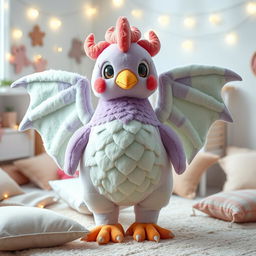 A magical plushy hen designed with the anatomy of a dragon, featuring oversized, soft dragon wings and a plush body that resembles dragon scales in pastel colors like lavender and mint green