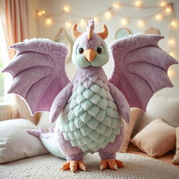 A magical plushy hen designed with the anatomy of a dragon, featuring oversized, soft dragon wings and a plush body that resembles dragon scales in pastel colors like lavender and mint green