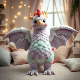 A magical plushy hen designed with the anatomy of a dragon, featuring oversized, soft dragon wings and a plush body that resembles dragon scales in pastel colors like lavender and mint green