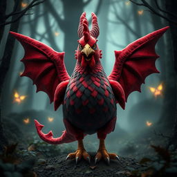 A magical plushy hen designed with the anatomy of a dragon, featuring intimidating dragon-like features that give it a truly fearsome appearance