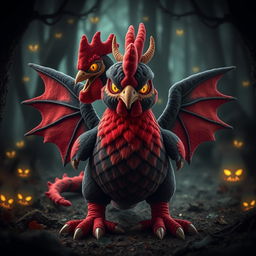 A magical plushy hen designed with the anatomy of a dragon, featuring intimidating dragon-like features that give it a truly fearsome appearance
